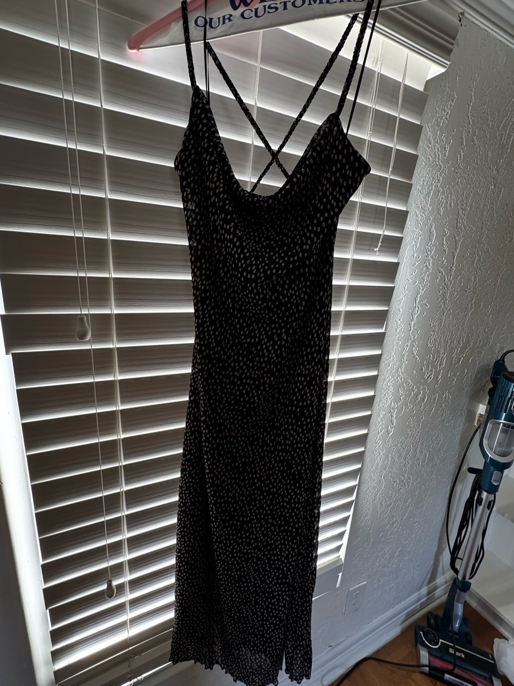 Black Spotted Slip Midi Dress with Crisscross Back